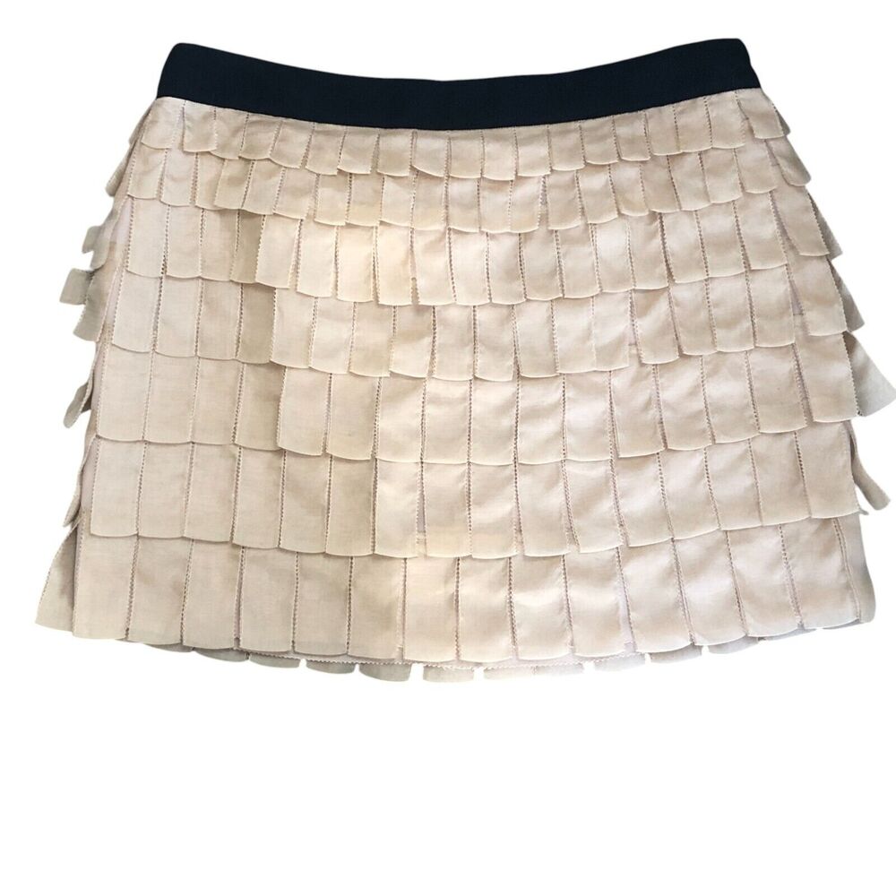J Crew Collection Cream 100% Silk Tiered Ribbon Fringe Mini Skirt Size 10